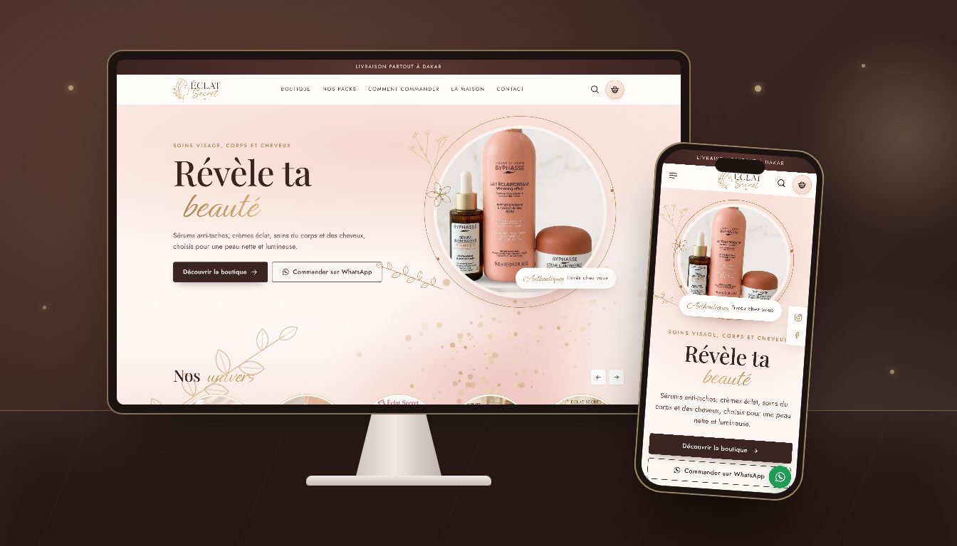 Boutique en ligne Éclat Secret by Moumy Beauty sur ordinateur et téléphone